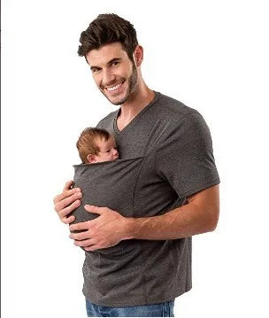 Men's V Neck Short Sleeve Kangaroo T Shirt Baby Carrier Shirt for Dad Skin to Skin Newborn Carry Pocket Parenting Casual Tee New